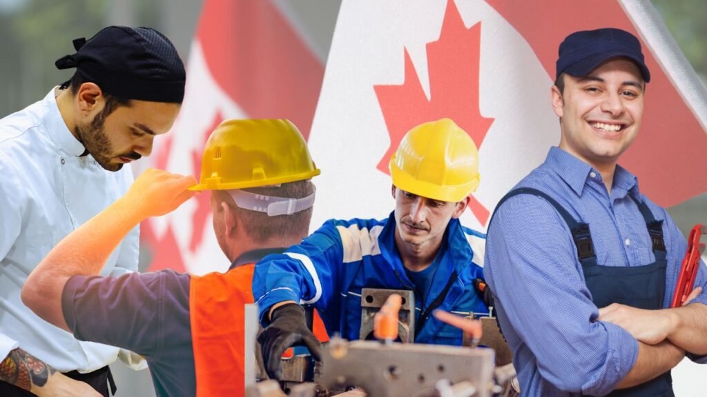 Canada Express Entry Trade Draw 2025 featuring skilled trades workers including construction, electricians, and cooks
