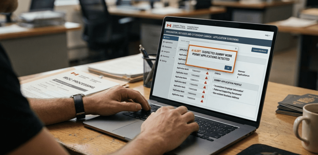 AI system assisting immigration officers in detecting suspicious dummy work permit applications in Canada.